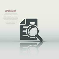 Scrutiny document plan icon in flat style. Review statement vector illustration on white isolated background. Document with magnifier loupe business concept.