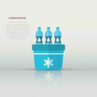 Portable fridge refrigerator with water bottle icon in flat style. Freezer bag container vector illustration on white isolated background. Fridge and soda drink business concept.