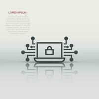 Cyber security icon in flat style. Padlock locked vector illustration on white isolated background. Laptop business concept.