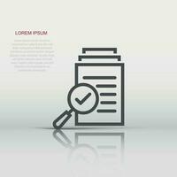 Scrutiny document plan icon in flat style. Review statement vector illustration on white isolated background. Document with magnifier loupe business concept.