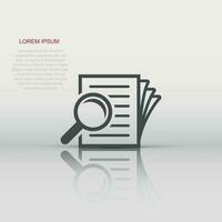 Scrutiny document plan icon in flat style. Review statement vector illustration on white isolated background. Document with magnifier loupe business concept.