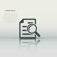 Scrutiny document plan icon in flat style. Review statement vector illustration on white isolated background. Document with magnifier loupe business concept.