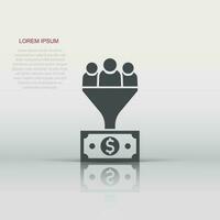 Lead management icon in flat style. Funnel with people, money vector illustration on white isolated background. Target client business concept.