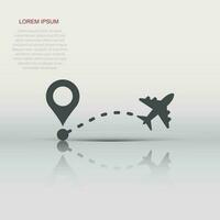 Airplane flight route icon in flat style. Travel line path vector illustration on white isolated background. Dash line trace business concept.