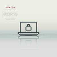 Cyber security icon in flat style. Padlock locked vector illustration on white isolated background. Laptop business concept.