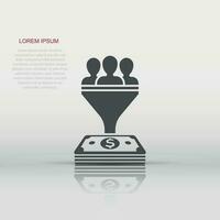 Lead management icon in flat style. Funnel with people, money vector illustration on white isolated background. Target client business concept.