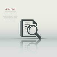 Scrutiny document plan icon in flat style. Review statement vector illustration on white isolated background. Document with magnifier loupe business concept.