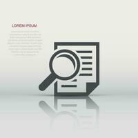 Scrutiny document plan icon in flat style. Review statement vector illustration on white isolated background. Document with magnifier loupe business concept.