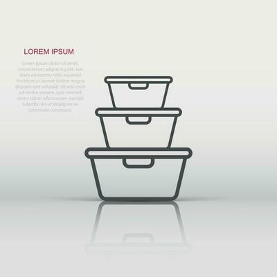 Food container icon in flat style. Kitchen bowl vector illustration on white background. Plastic container box business concept.
