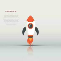 Cartoon rocket space ship icon in flat style. Spaceship vector illustration on white isolated background. Rocket start business concept.