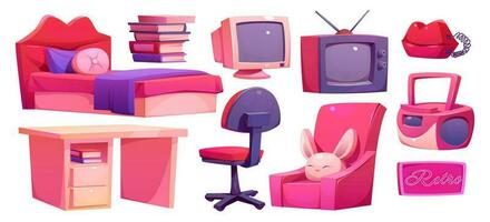 Y2k girl bedroom furniture cartoon vector set