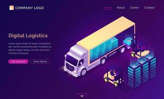 Digital logistics isometric landing, data delivery vector