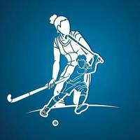 Field Hockey Sport Man and Woman Players Action Cartoon Graphic Vector