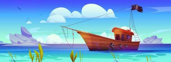 Pirate ship in sea, wooden boat with black flag vector