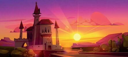 Medieval Europe tower castle with bridge on sunset vector