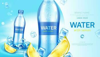 Mineral water with lemon in bottle promo poster vector