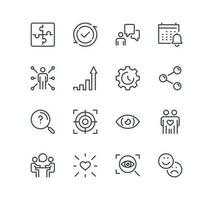 Set of core values related icons, diversity, exceptional, innovative, accountability, empathy, performance, process, progress, external business oriented values and linear variety vectors. vector