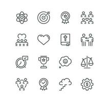 Set of core values related icons, diversity, exceptional, innovative, accountability, empathy, performance, process, progress, external business oriented values and linear variety vectors. vector