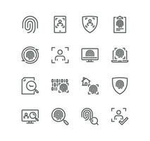 Set of biometric related icons, voice recognition, fingerprint, door lock, key and linear variety vectors. vector