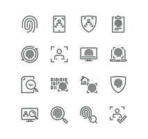 Set of biometric related icons, voice recognition, fingerprint, door lock, key and linear variety vectors. vector