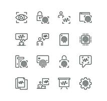 Set of biometric related icons, voice recognition, fingerprint, door lock, key and linear variety vectors. vector