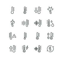 Set of temperature related icons, thermometer, pyrometer, thermostat, snowflake, overheat, temperature check, measurement and linear variety vectors. vector