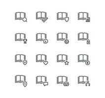 Set of book related icons, organizer, learning, reader, diary, library, textbook, pages, education and linear variety vectors. vector