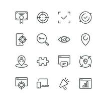 Set of seo and promotion related icons, data, market, analysis, feedback, optimization, target, website stats and linear variety vectors. vector