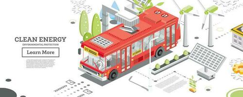 Electric Bus with Charging Station. Isometric Concept. Solar Panels and Wind Turbines on a Background. Clean Energy Concept. Ecology Conservation. vector