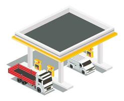 Gas Station with Truck and Van. Isometric Isolated Petroleum Filling Station. Infographic Element. vector