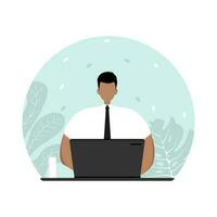 A stylish office worker or businessman works at a computer. vector