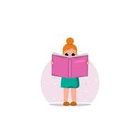 un pequeño niña es leyendo un libro. colegio y educación. vector