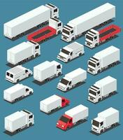 isométrica carga camiones recopilación. comercial transporte colocar. logística. ciudad objeto para infografía. vector