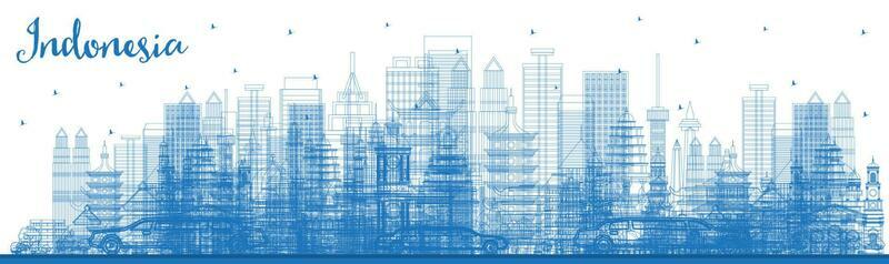 Outline Indonesia Cities Skyline with Blue Buildings. Tourism Concept with Historic Architecture.