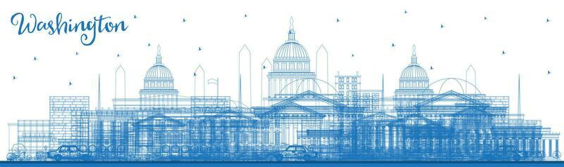 Outline Washington DC USA City Skyline with Blue Buildings.