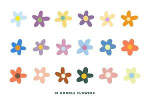 18 Hand-drawn doodle flowers isolated on a white background. Vector flowers.