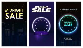 Set of Midnight Sale Poster and Social Media story Templates. 3D rendering of empty podium with neon clock. Up to 50 off off tagline Shop Now CTA button. vector