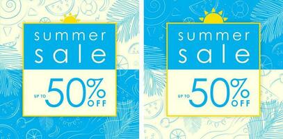 Summer Sale Up to 50 off on Cyan and Light Yellow Background Sale Sign with yellow frame and sun symbol on top. Outline of cherry, lemon, watermelon, sea waves, palm leaf. vector