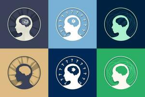 Set of Colorful icons and artworks depicting mental health and health issues with human head and brain. Logo, design element, icon, card. vector