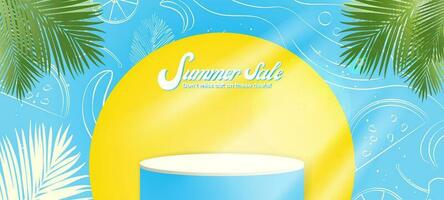 Fun Summer Sale Studio Interior background with blue cylindrical platform. Yellow round frame and hand drawn tropical elements on blue background with palm leaves and sun. Vector Illustration. EPS 10.