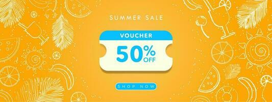 Colorful Orange Summer Sale Banner Coupon template with hand drawn autumn elements, fruits, banana, watermelon, cherry, lemon, cocktail, drink, palm leaf, sun. Shop now button. Vector. vector