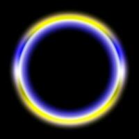 3d rendered colorful neon ring light in blue, yellow, purple, red and white colors. Bright multicolored circle on dark background. Vector Illustration. EPS 10.
