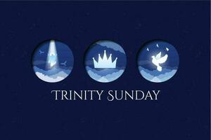 trinidad domingo diseño. religioso trinidad, corona, Jesús, santo espíritu, paloma. azul y blanco. observado en el primero domingo después Pentecostés. Tres religioso iconos vector ilustración. eps 10