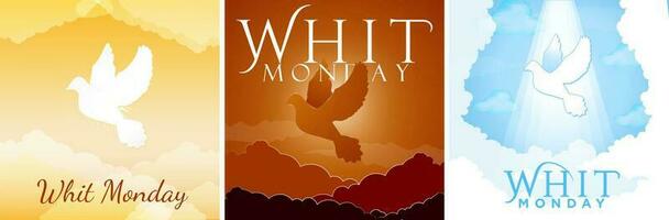 Whit Monday greeting card set. Beautiful Dove on heavenly sky with clouds and Whit Monday Serif Text greeting. Sunset and blue sky. vector