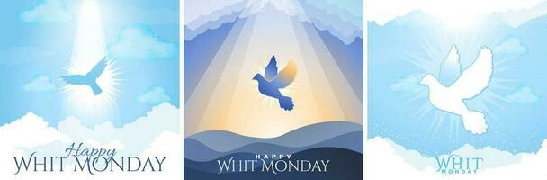 Whit Monday greeting card set. Beautiful Dove on heavenly sky with clouds and Whit Monday Serif Text greeting. Dove silhouette for religious holiday. vector