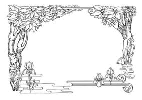 botánico frontera con iris y tropical plantas. contorno modelo. vector. vector