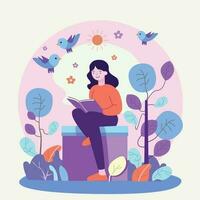 un niña leyendo un libro en un jardín vector