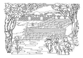 romántico secreto jardín. colorante paginas río, pasos, árboles, flores vector. vector