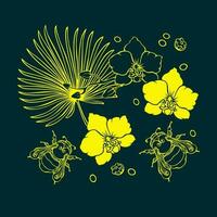 Botanical pattern with tropical flowers and bumblebees. Floral vector illustration.