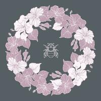 Botanical circle pattern with hibiscus and bumblebee. Wreath. Vector illustration.